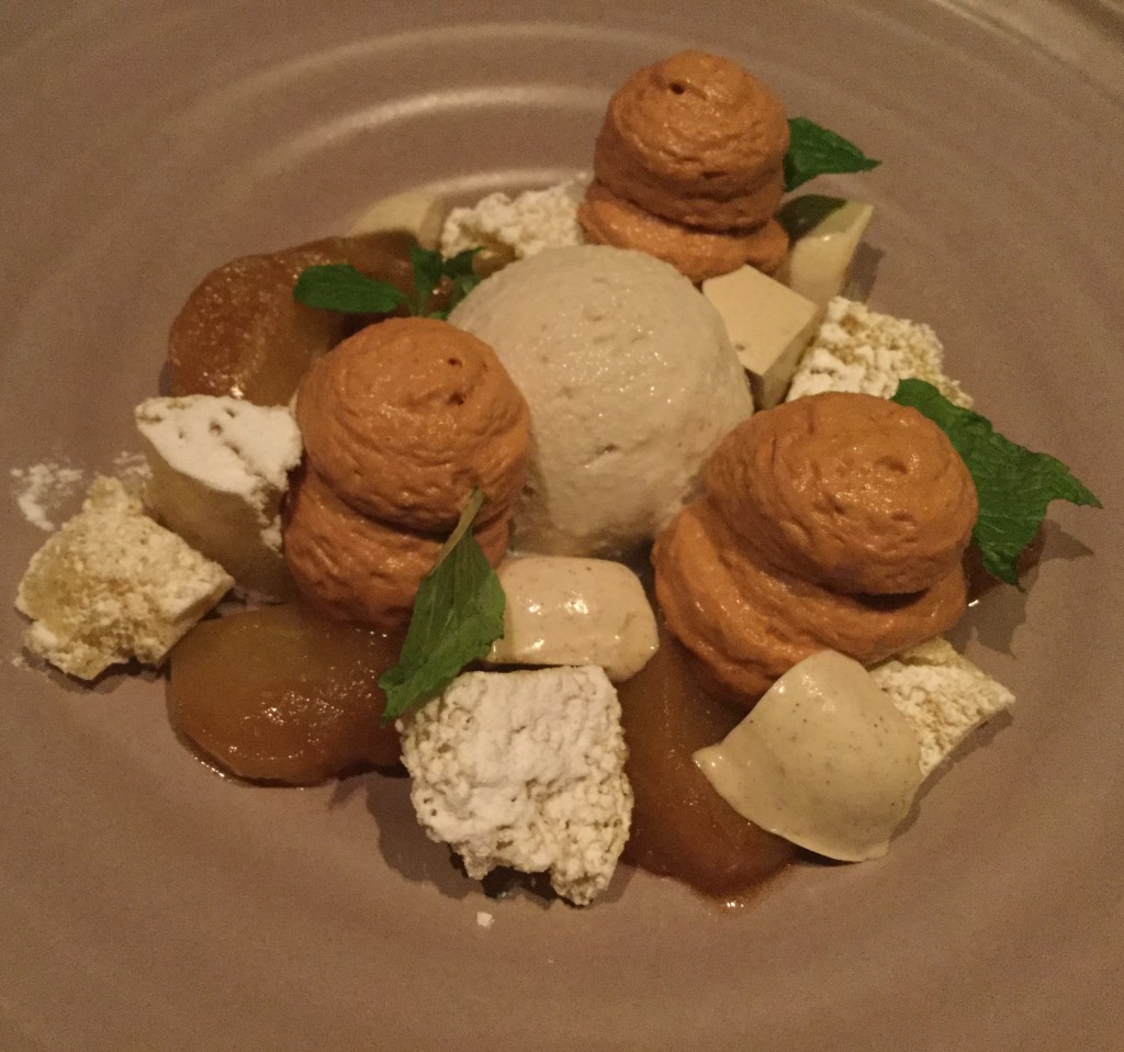 Caramel apple mousse with japanese black pepper icecream and waffle croutons